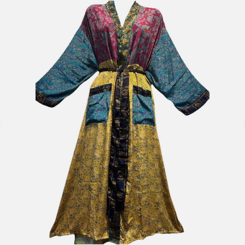 Nwt FUNKY STUFF boho patch belted vintage silk TOP DUSTER CARDIGAN 4X